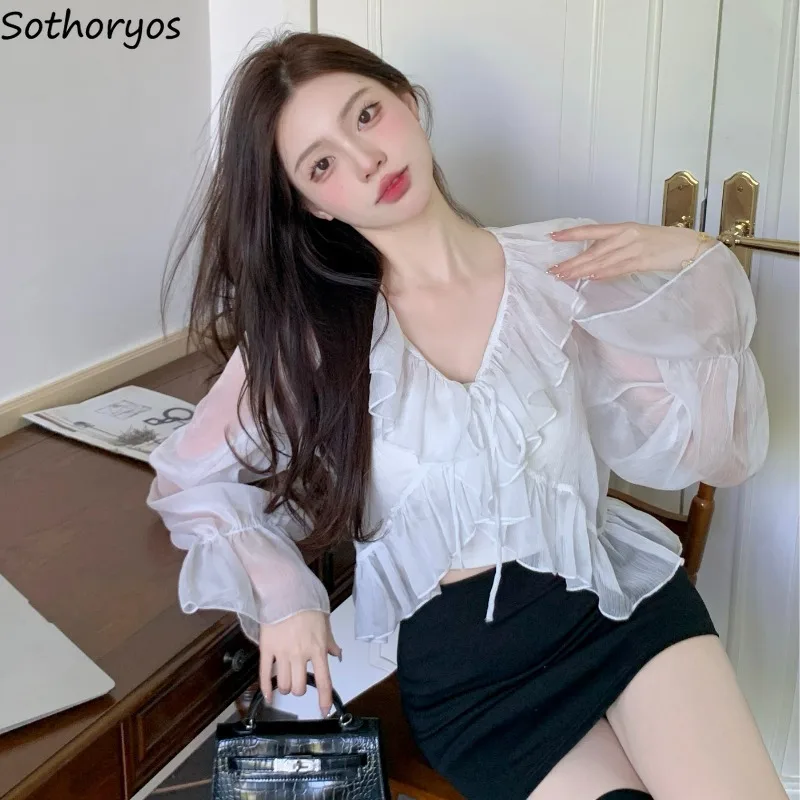 Sun-proof Cropped Jackets Women Sheer Sweet Ruffles Design Seaside Girlish Beach Style Sexy Y2k Casual Summer All-match Ulzzang