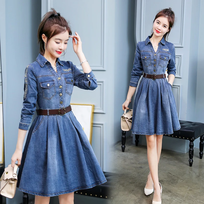 Blue Women Jeans Dress Women2023 Fashion Casual High Street Long Sleeve Denim A-Line Pleated Dress With Belt Elegant Vestidos