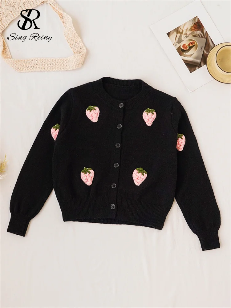 SINGREINY 2024 Fashion 3D Sweater Cardigan Female O-Neck Full Sleeves Single Breasted Strawberry Design Autumn Knitted Pullovers