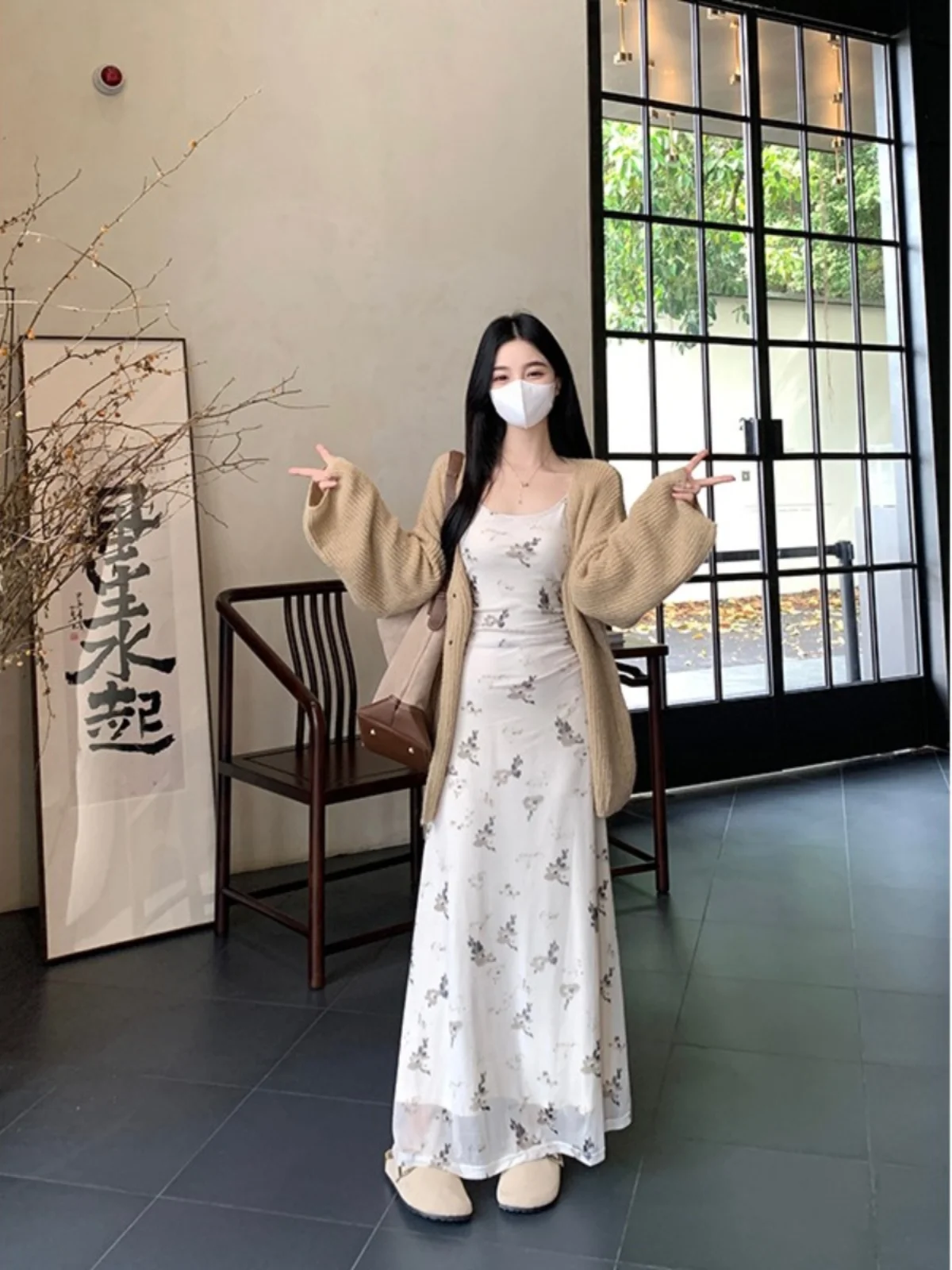 

plus Size Women's New Chinese Style Floral Print Strap Dress Knitted Cardigan Top Set Autumn Leisure Fashion Ensemble