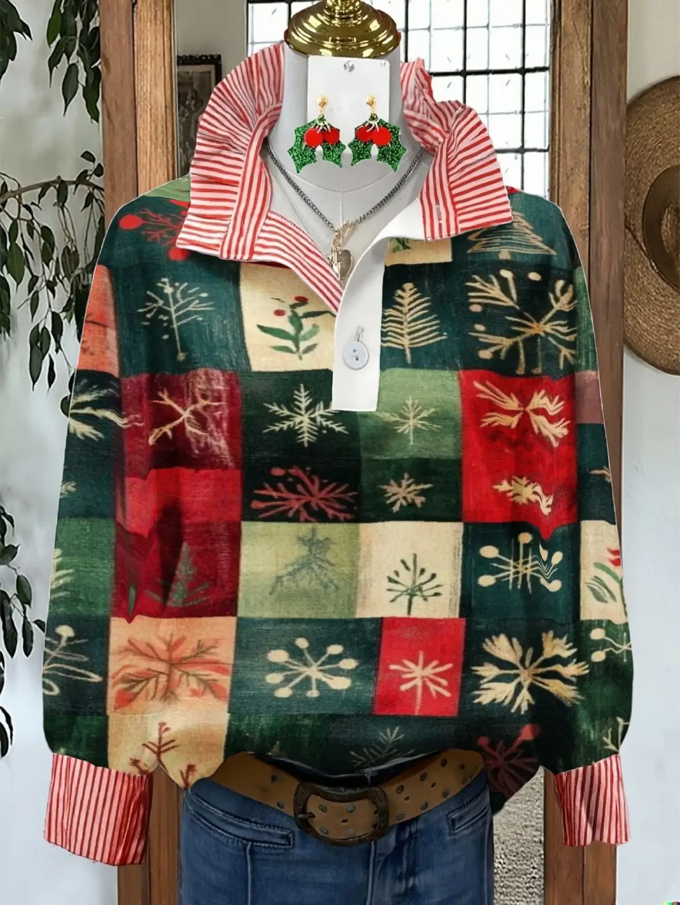 Women's Spring and Autumn Winter Collection Women's Stand up Collar Shirt Long Sleeve, Vintage Printed Holiday Travel Essential,