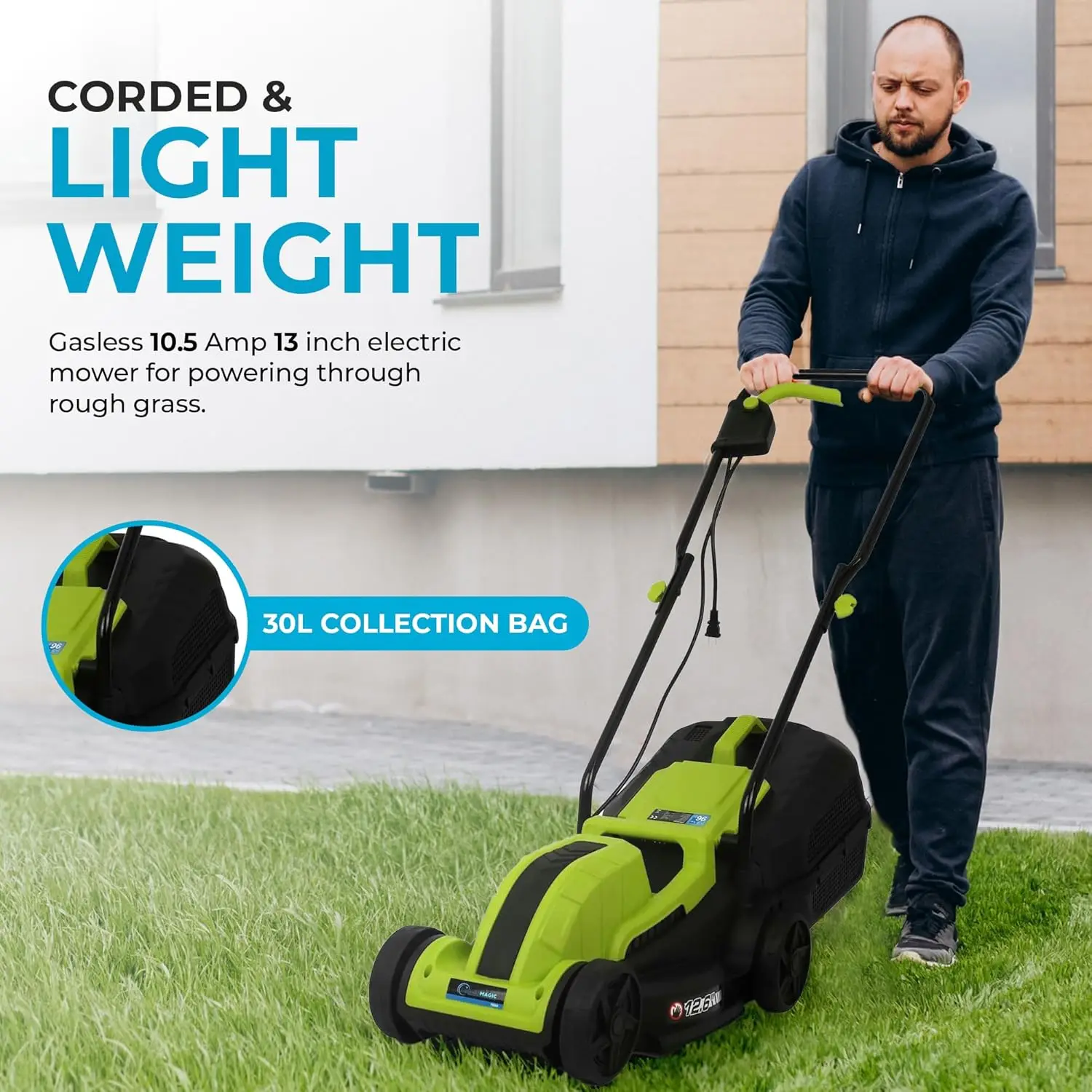 13-Inch Electric Corded Lawn Mower, 1300W Power, Adjustable Height for Easy Grass Cutting