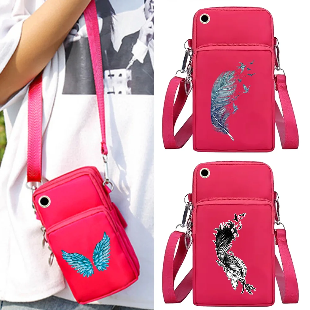 Mobile Phone Bag Wallets Card Holder Messenger Bags for Apple/Huawei/Xiaomi Cell Phone Storage Packet Feather Print Wrist Pack