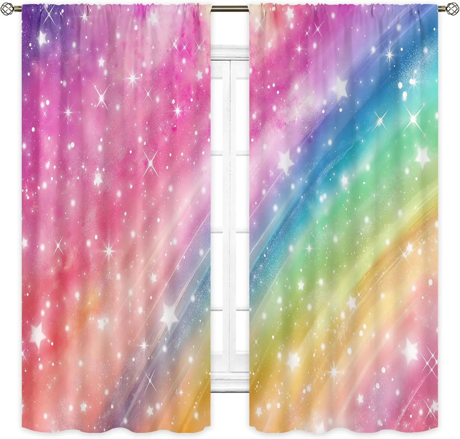 Cortinas para niños de galaxia arcoíris, cortinas de dibujos animados de cielo estrellado Pastel con bolsillo para barra, paneles artísticos para ventana de habitación de niñas lindas