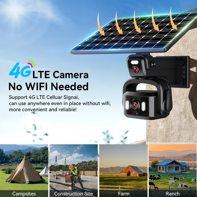 8MP 4K Outdoor Dual Lens 4G Solar Camera Binocular PIR Human Body Sensing Camera With Solar Panel AI Automatic Tracking Camera