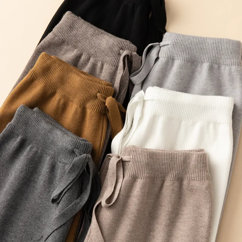 Pantaloni dritti classici con lacci lavorati a maglia solidi Donna Casual Elastico a vita alta Gamba larga Pantalones Autunno Inverno Calca spessa allentata