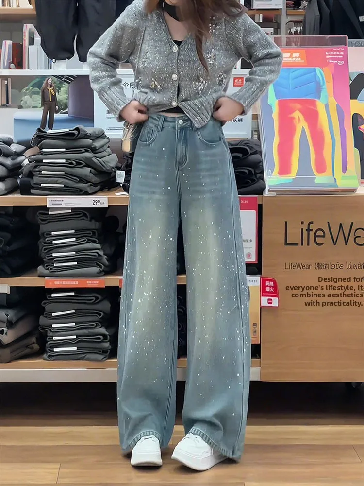 

Light Blue Flashing Rhinestone Straight Leg Jeans Women's Spring Autumn Loose Slimming Star Drapey Wide Leg Pants