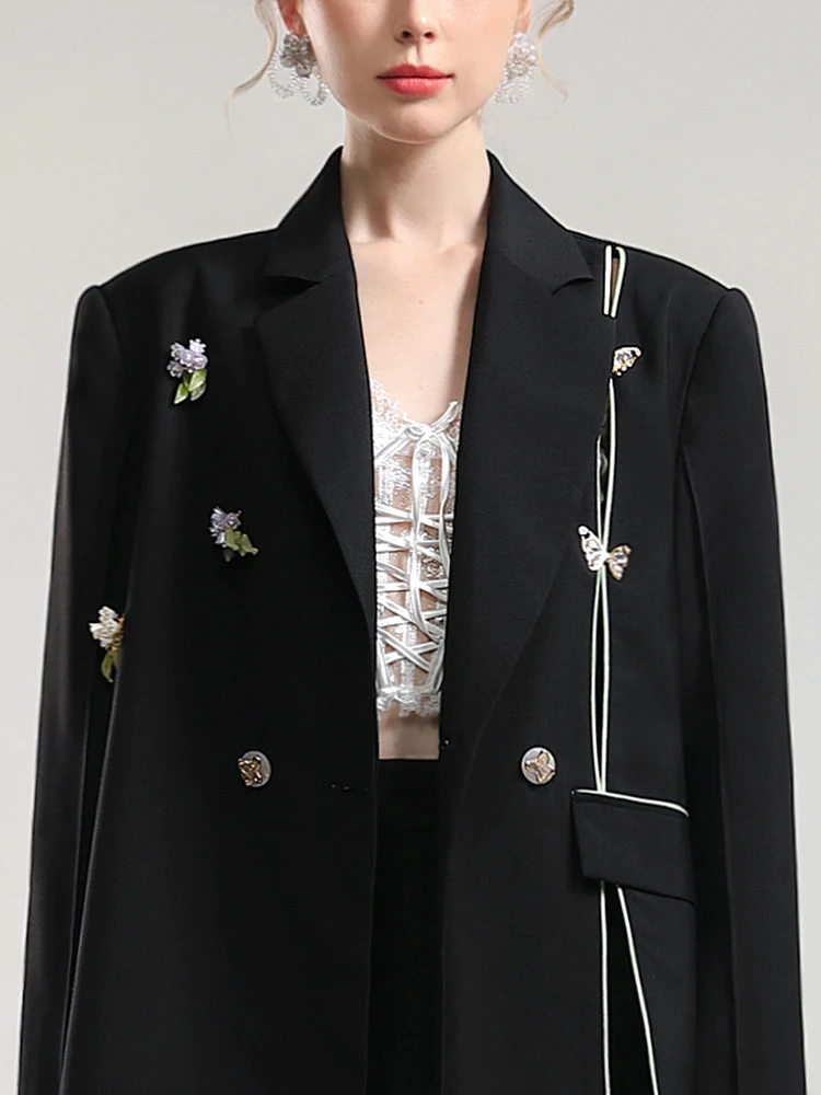 Giacca Blazer da abito con Bouquet di cristallo cinese di alta qualità 2024 primavera nuova farfalla tridimensionale cappotto allentato nero da donna