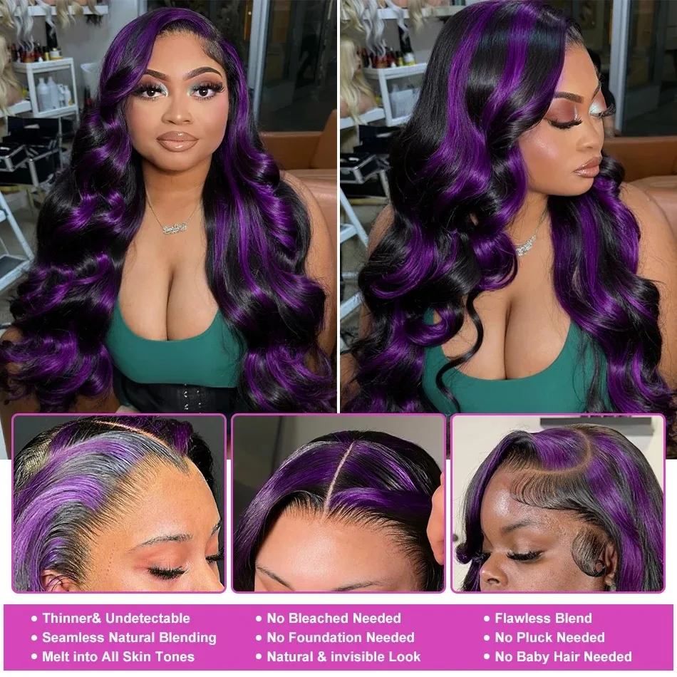 Ombre Purple Highlight Body Wave 13x6 HD Lace Front Wig Human Hair Waves Dark Purple 13x4 Lace Frontal Wigs Vietnamese Hair image 6