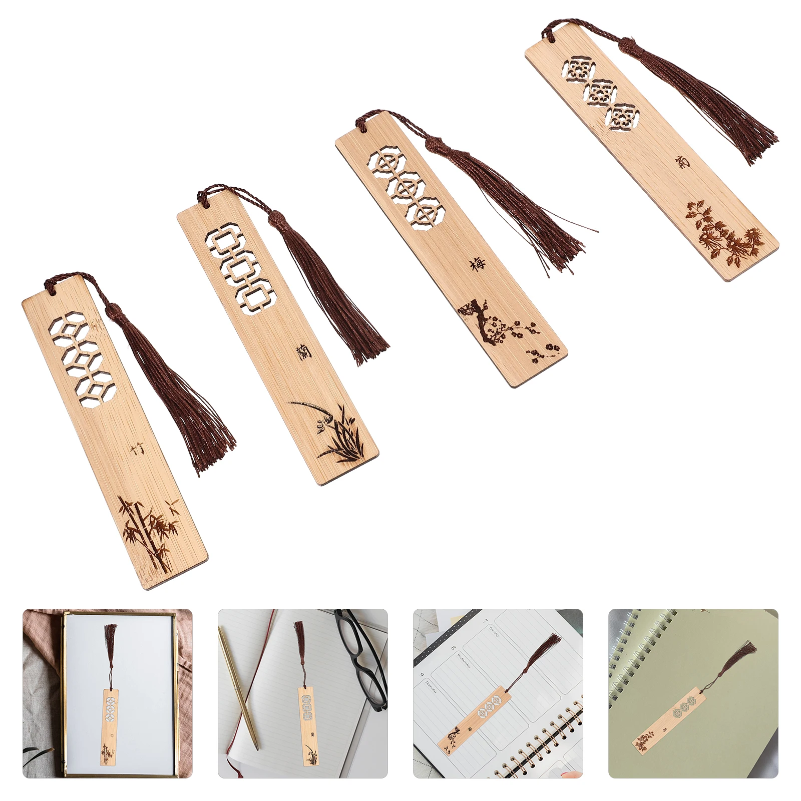 4 Stück Bambus-Lesezeichen, Retro-geschnitzte Etiketten, Holzmarker im chinesischen Stil, leicht, tragbar, Pflaumenblüten, Chids, Chrysantheme