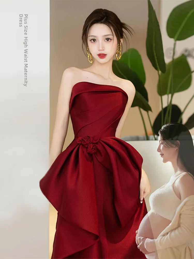 

Ele plus Size Bridal Gown in Wine Red Color Slimming High Waist A-Line Skirt Long Svel Polyester Fiber Wedding Dr