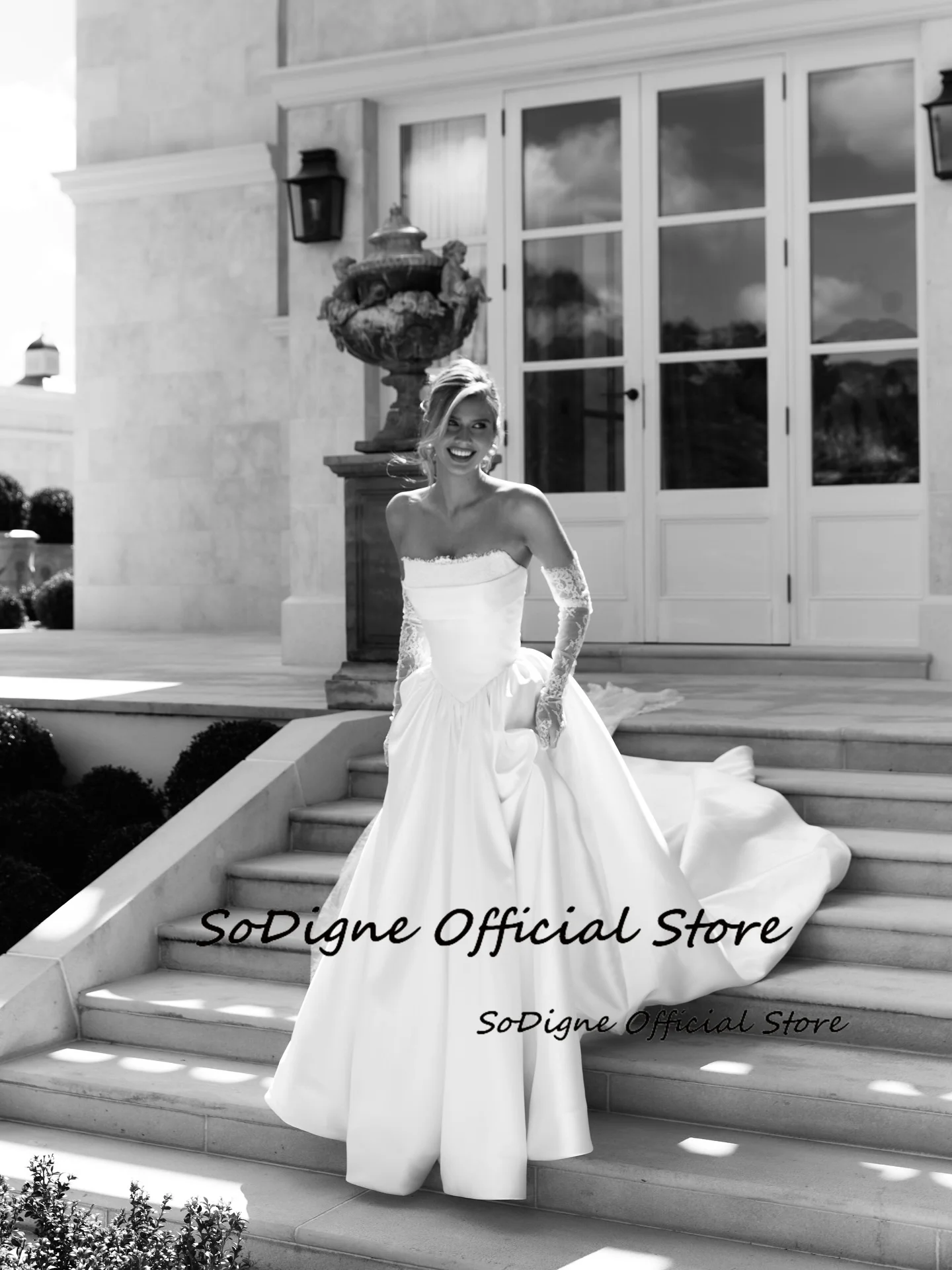 SoDigne A ラインサテンのウェディングドレスストラップレスノースリーブスプリット花嫁ドレス 2026 ブライダルガウンvestidos de noviaカスタマイズ