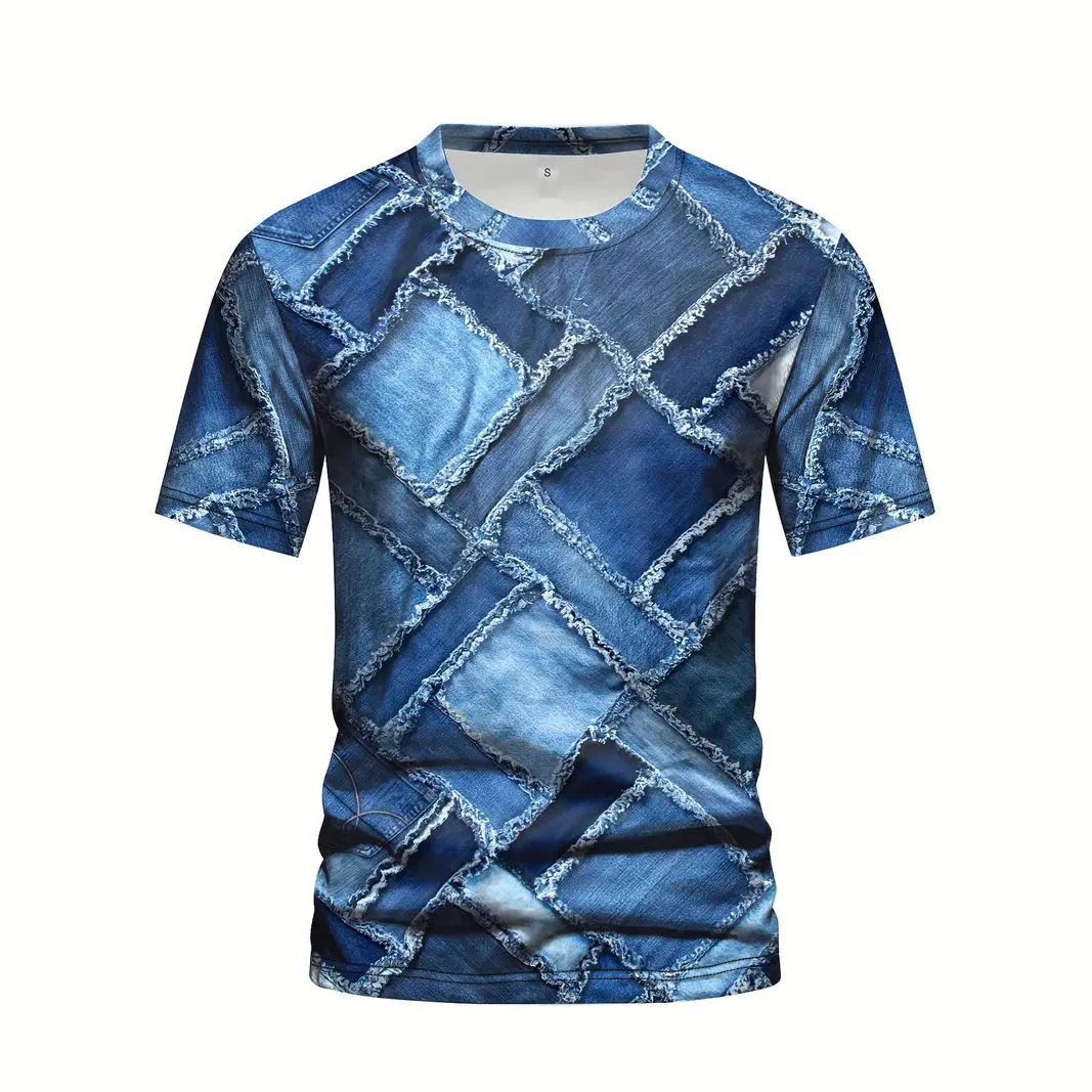 Denim Pattern Men\'s T Shirt Summrt Short Sleeve O-Neck Pullover Fashion Street Sportwear Oversized Casual Male Clothing Camisa