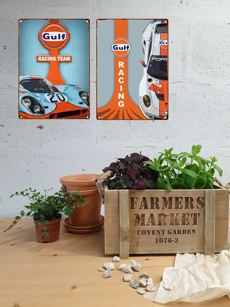 Retro Gulf Racing Metal Poster Signage Tin Painting Sports Car Plaque Home Living Room Garage Club Man Cave Wall Art Decor Mur