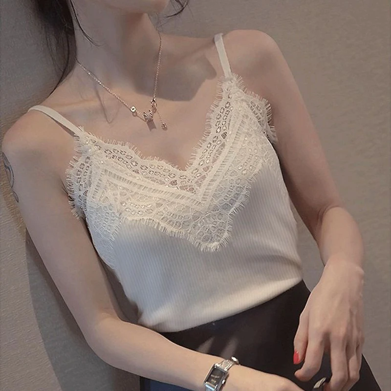 Fashion V-Neck Solid Color Spliced Lace Camis Women's Clothing 2024 Summer New Loose Korean Tops Office Lady Tanks Tee Shirt