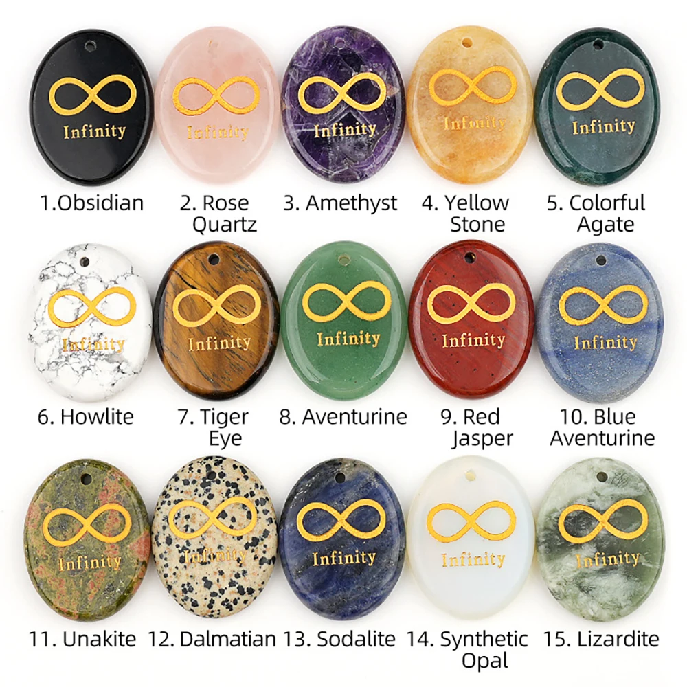 Engraved Infinity Symbol Word Healing Crystal Thumb Worry Natural Gemstone Reiki Palm Stone with Hole DIY Hanging Ornaments