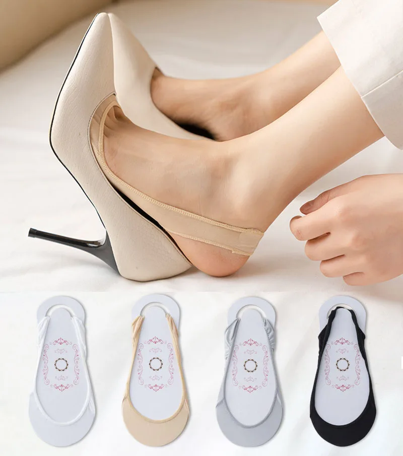 Women Summer Ice Silk Invisible Half-Palm Boat Socks for High Heels Shoes Silicone Non-Slip Sling Socks Female Suspender Socks