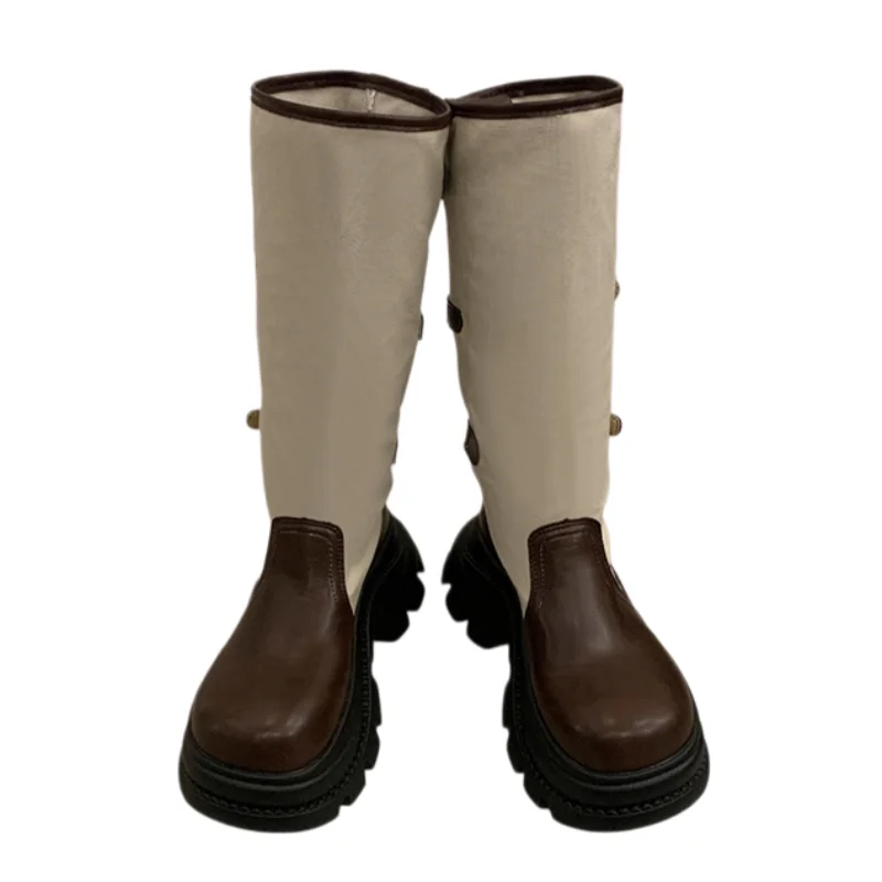Women Color Block Knee High Boots Buckle Strap Platform Thick Sole Knight Boots Fashion Streetwear Outdoor Casual Long Footwear