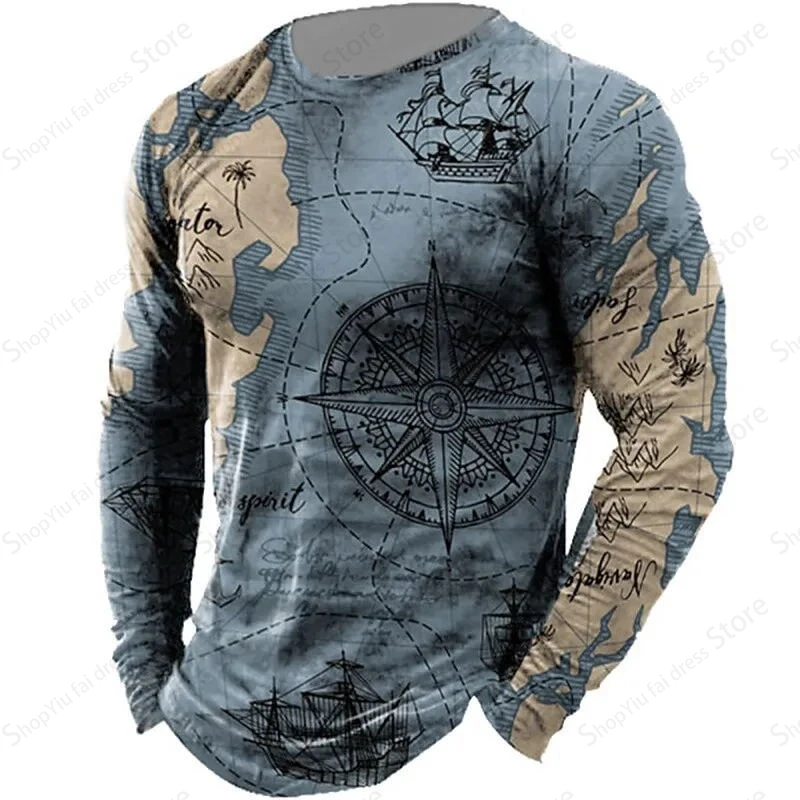 Men's Long Sleeve T-shirt 3d Compass Print Graphic T Shirts Men Women Fashion Tops Tees Outdoor Sports Top Men Clothing Fitness