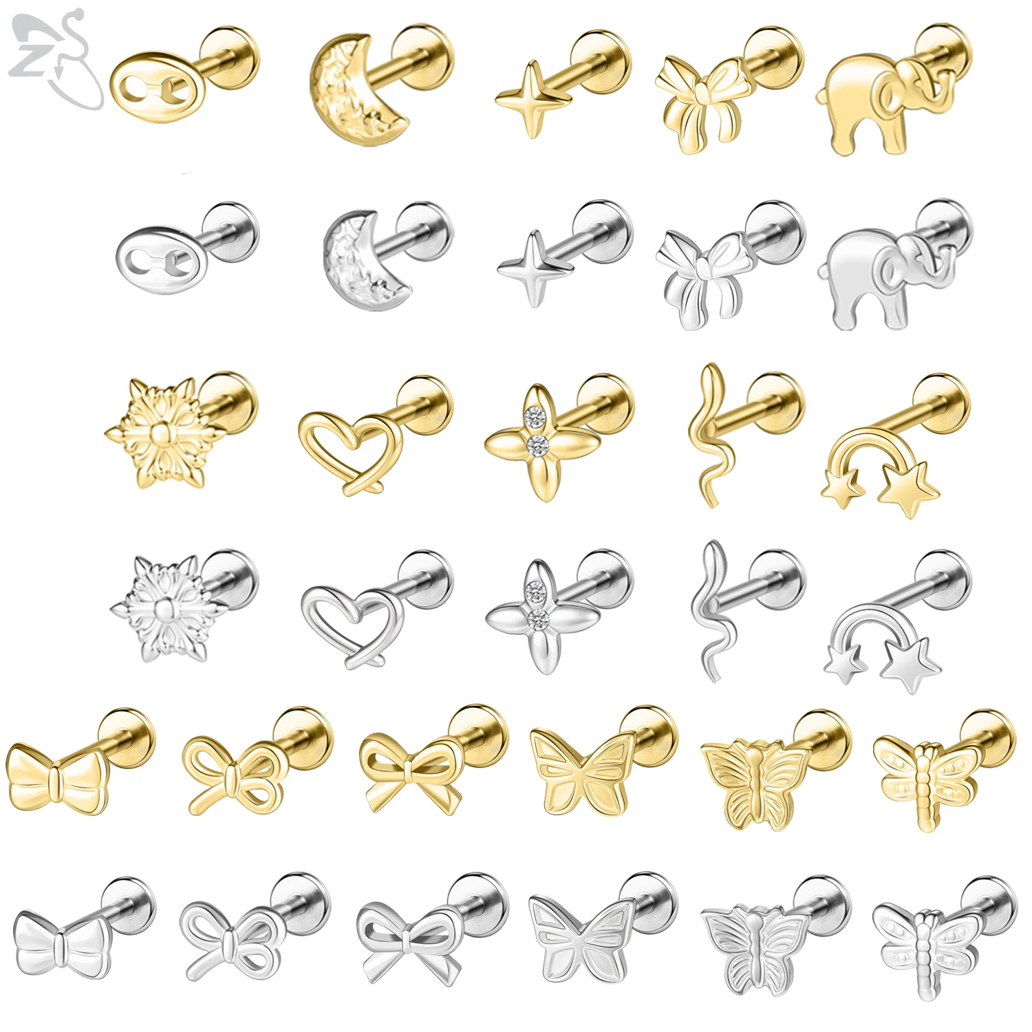ZS 1PC 16G/18G 316L Stainless Steel Lip Ring Sunflower Elephant Labret Piercing Gold Color Ear Stud 6mm/8mm Cartilage Earring