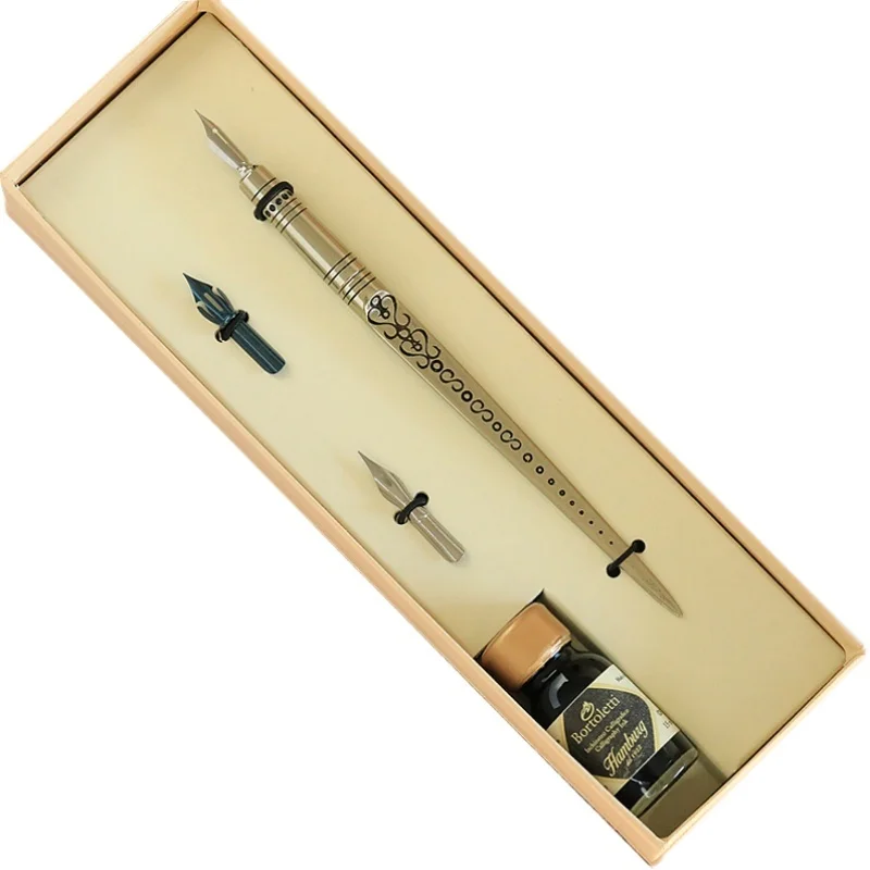 Italian Bortoletti All Copper Manual Penknife Dip Pen Letter Opener Ink NIB Gift Box Set