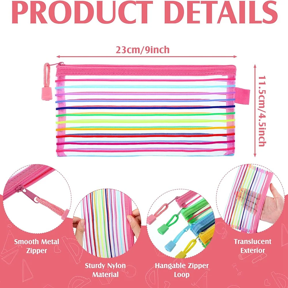 Bolsa de malha com zíper para material escolar e de escritório, Pen Bag, Pencil Pouch, Travel Organizer, Mesh Bags, 100 PCs