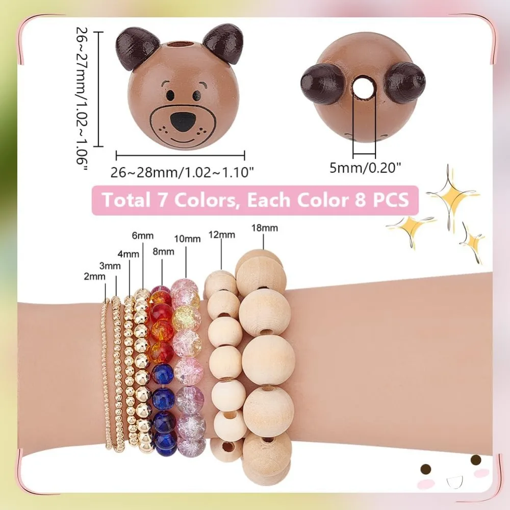 56pcs 7 Colors Bear Head Wood Beads 26/27mm Natural WoodenCute Bear Wooden Bead Loose Spacer