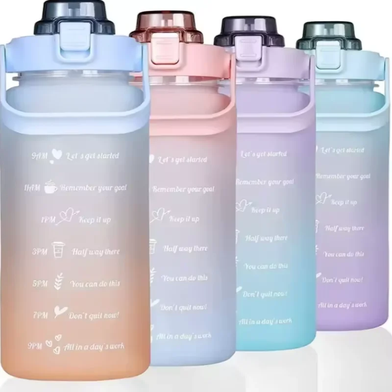 

2L Large Capacity Plastic Water Bottle Time Scale Label Sticker Space Cup Spring Cap Painted Gradient Color Water Cup