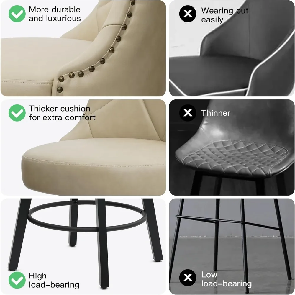 카운터 높이 바 스툴 2개 세트, 26인치 인조 가죽으로 덮인 회전식 주방 아일랜드 스툴(둥근 발판 포함)