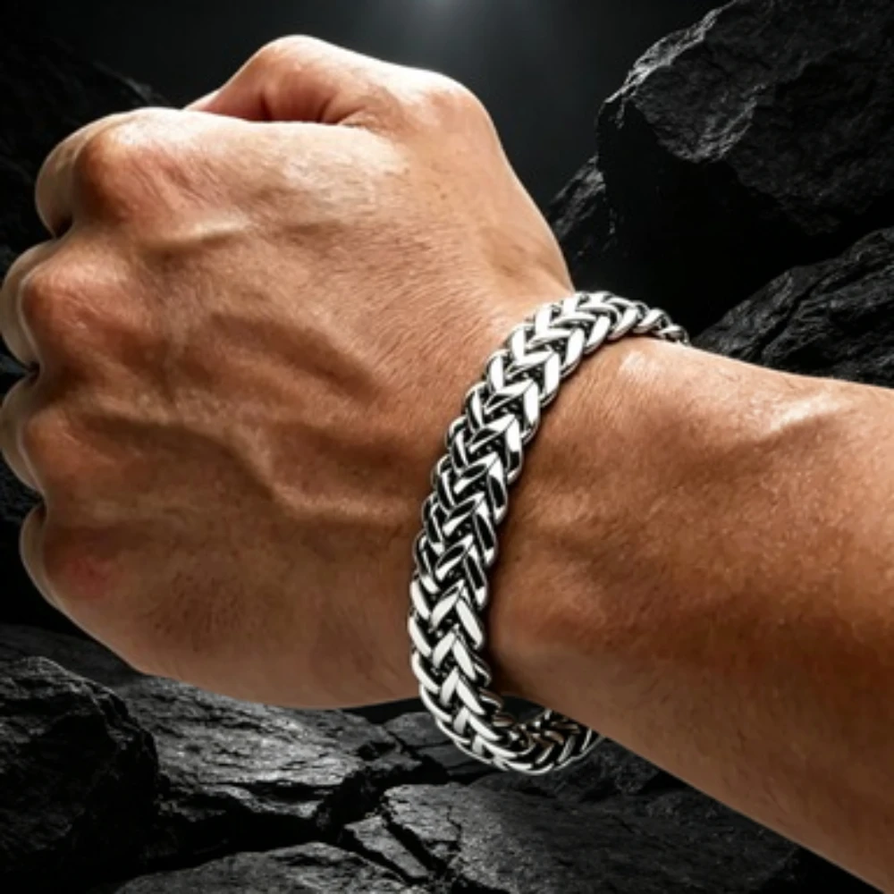 Stainless Steel Braided Double Row Front and Rear Fish Scale Magnetic Buckle Bracelet with Keel Jewelry