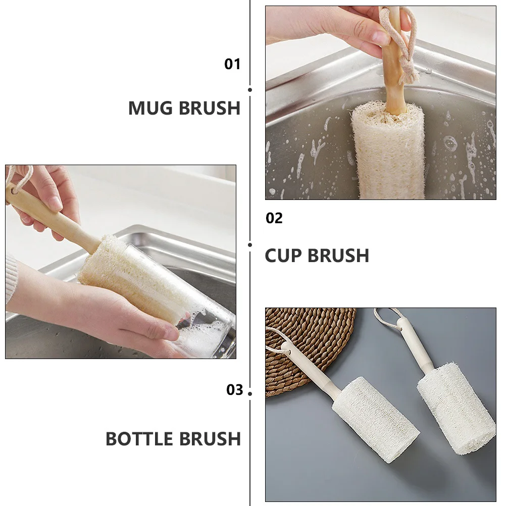 

3Pcs Wooden Handle Loofah Cup Brushes Heavy Duty Without Scratching Ideal for Cups Bottles Mugs Wall Mountable