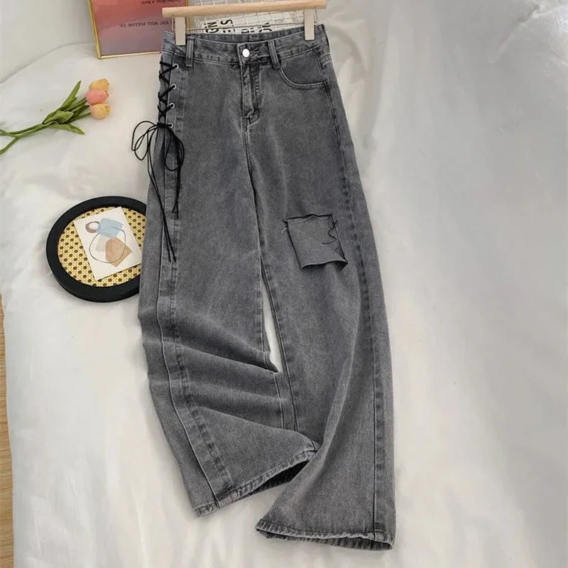 

American Retro Lace Up Jeans Female Spring Summer Streetwear Hole Wide Leg Pants Women All Match Baggy Denim Trousers V535