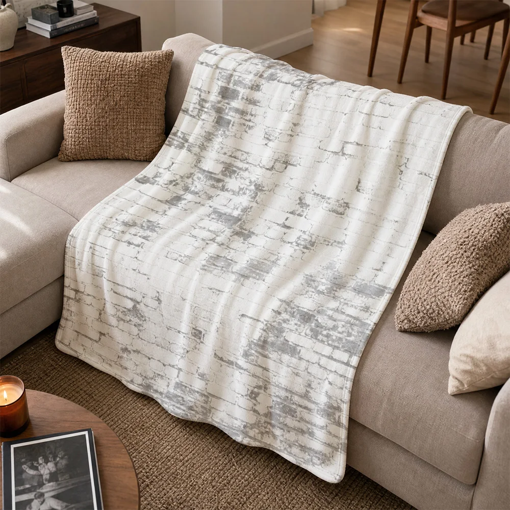 Luxurious Distressed Brick Pattern Throw Blanket for Sofa Cozy Living Room Home Decor Rustic Farmhouse Aesthetic Winter Throw