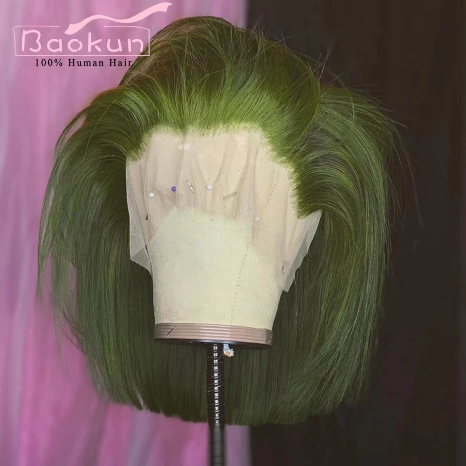 Peluca de cabello humano liso con encaje Frontal, pelo corto con densidad de 200, color verde oscuro, 13x6, HD, predespuntado, 13x4, Bob