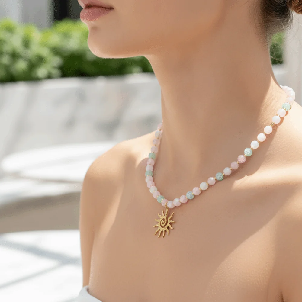 Color Changing Sun Pendant Necklace UV Reactive Gold Plated Beaded Bracelet Set Pastel Colors Steel Chain Cat Eye Choker