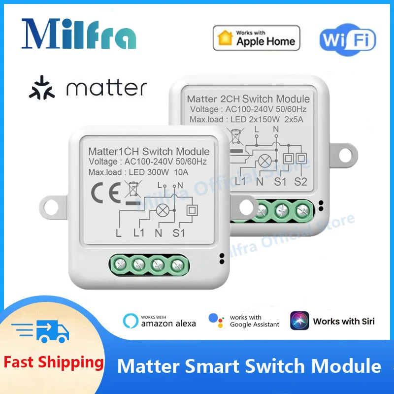 Matter WiFi Smart Switch Module 10A Home Automation Smart Light Switch Relay Breaker Works with Homekit Siri Alexa Google Home