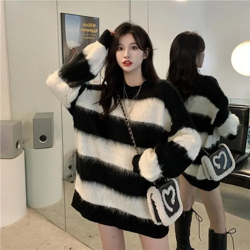 Pullovers Women Striped Ladies Свитер Knitting Fashion BF Baggy Streetwaer Lovely All-match Harajuku Clothes Sweet Warm Popular