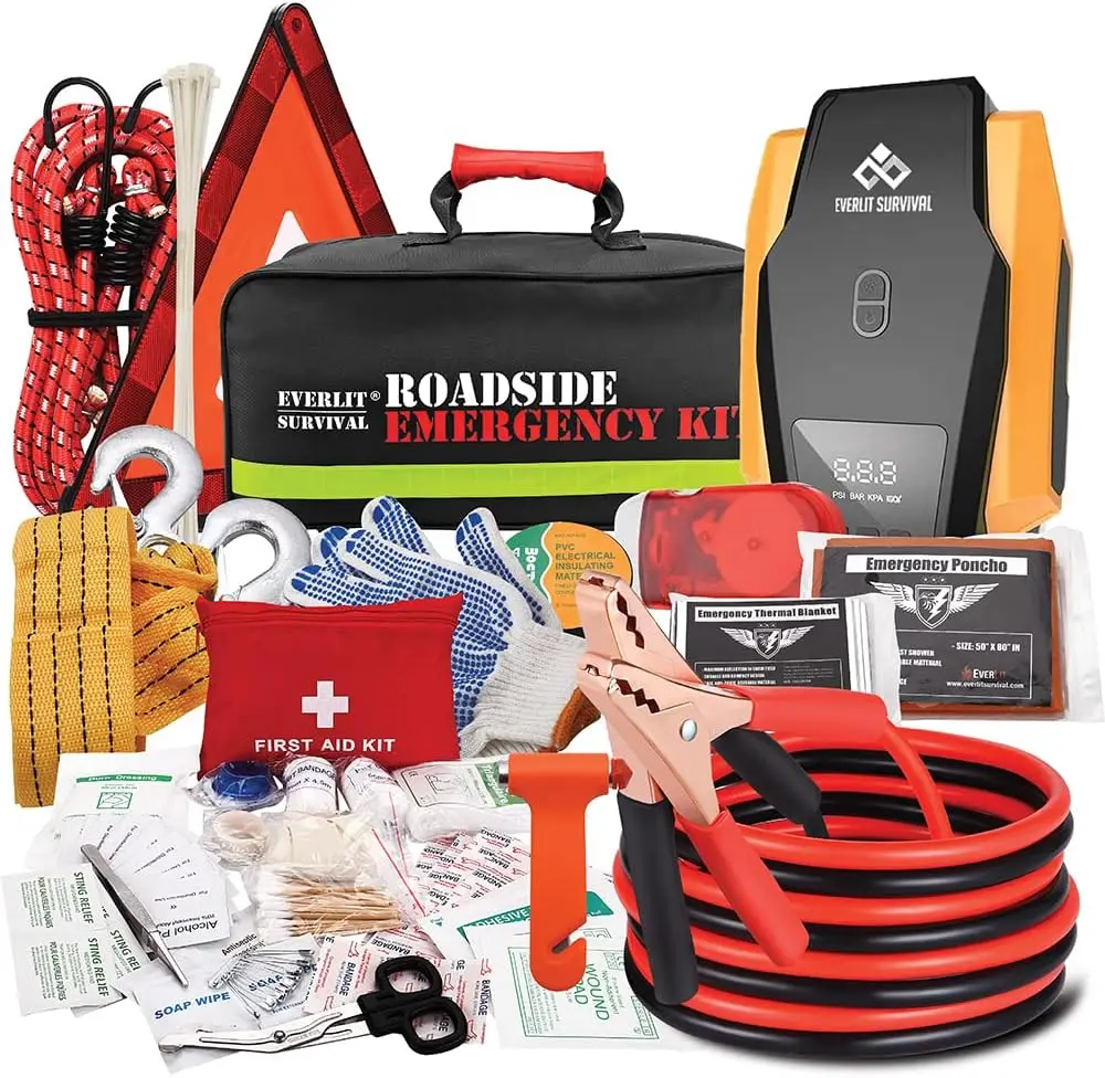 Emergency Car Safety Kit with Air Compressor, Jumper Cables, Tow Strap, First Aid & Flashlight for All Drivers