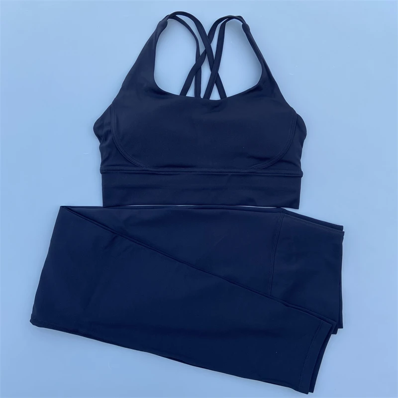 Women Yoga Set 2 Piece Gym Sports Set Workout Tracksuit Fitness Suit High Waist Leggings Cross Straps Back Bra Running Outfit