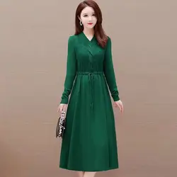 Large Size Flesh Blocking Temperament New Waist Cinching Dress Autumn Winter Long Knitted Base Solid Color Skirt Loose Dresses