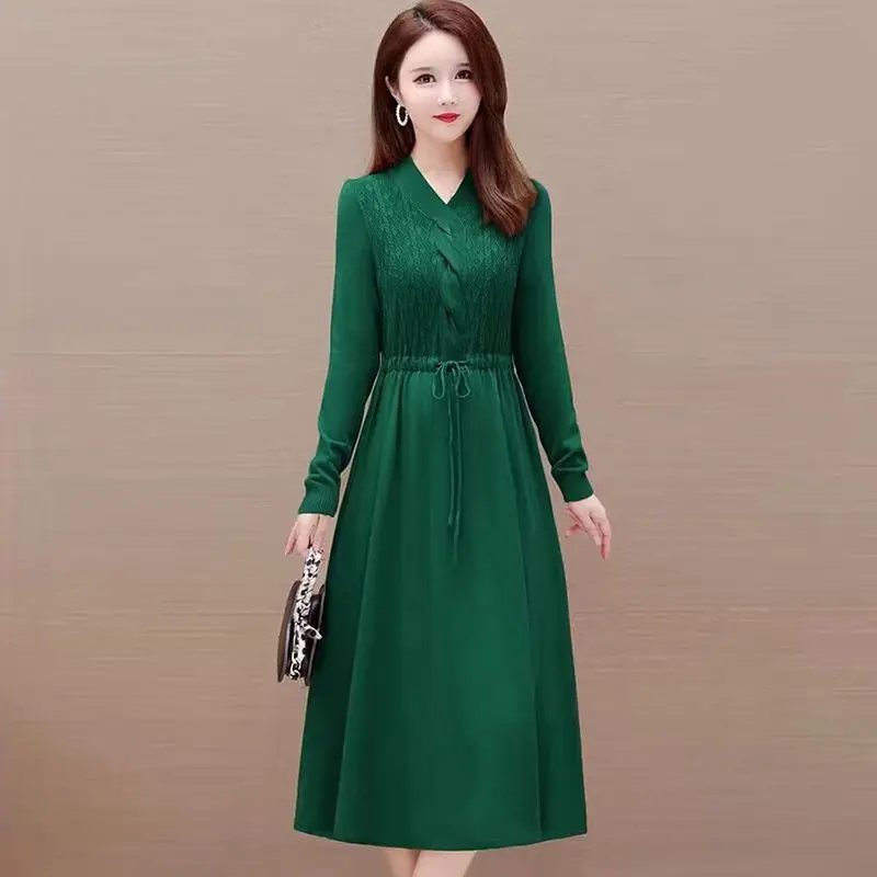 Large Size Flesh Blocking Temperament New Waist Cinching Dress Autumn Winter Long Knitted Base Solid Color Skirt Loose Dresses