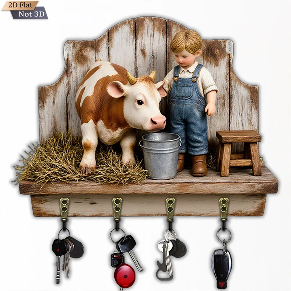 2D Flat, 1pc, Country Calf Key Hook, Wooden Multifunctional Home House Key Hook, with Four Metal Hooks, Wall Decoration, Porch