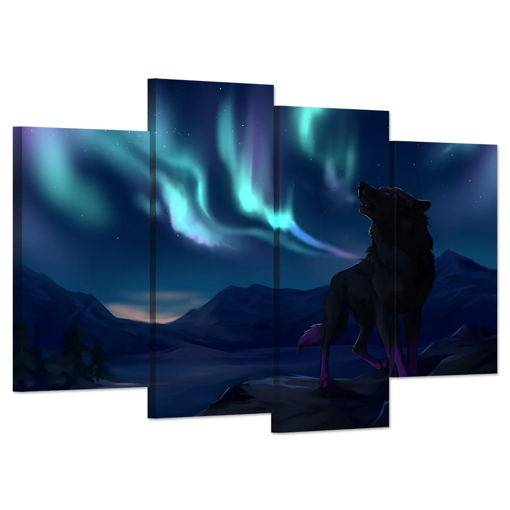 

4 Pieces Poster Wall Art Beautiful Aurora Print Canvas Art Wolf on Mountain Modern Style Pictures Living Room Home Decor