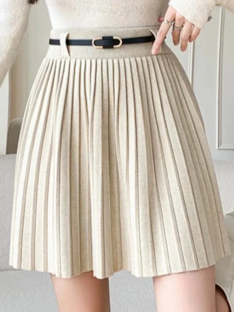 Ladies Casual Solid Color Elegant Knitted Mini Skirt Women Fall Winter Thick Warm A Line High Waist Belt Pleated Short Skirts