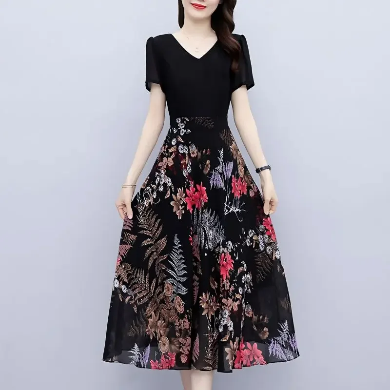 

Elegant Women Vintage Floral Dress Summer Printing Patchwork V-Neck Short Sleeve Dresses Fashion Female Chic Midi Sundress B278