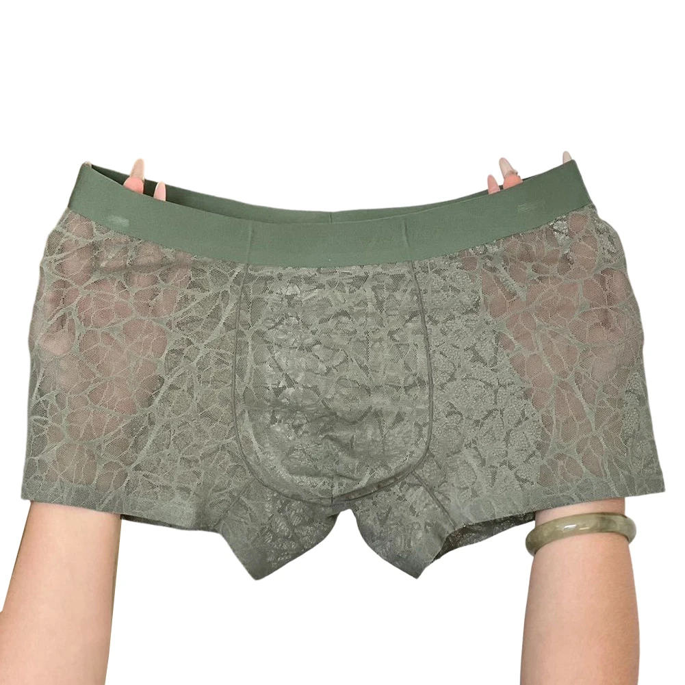 

Men's Ice Silk Mesh Lace Hot Hot Lingerie Hollow Out Boxer Shorts SissyU Convex Pouch Trunks See Through Underwear Men's Panties