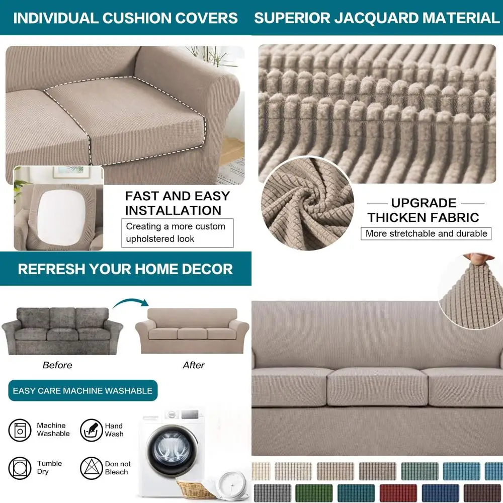

Washable Jacquard Sofa Slipcover for 3-Cushion Couch, Sand Color, with 3 Separate Cushion Covers for Dogs