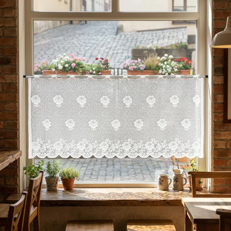 1PC Fresh Country-Style Floral Lace Curtain Half-Height with Wave-Like Border for Kitchen Coffee House Small Window Short Design