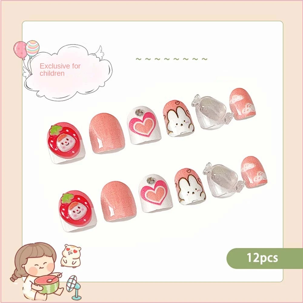 12Pcs/set Flowers Children False Nails Love Heart Short Square Shaped Kids Cartoon Fake Nails Candy Color Nail Supplies