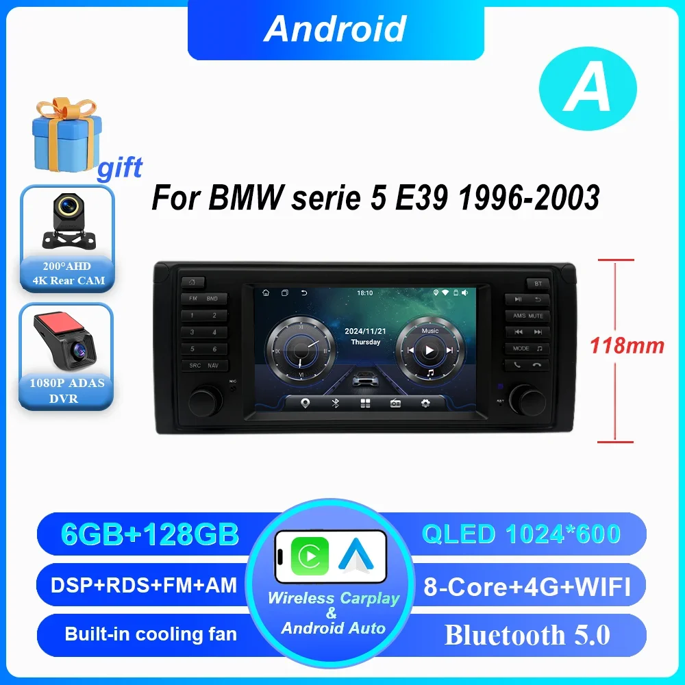 7 Inch Draadloze CarPlay Android Auto Radio Voor BMW 5 Serie E39 X5 E53 M5 1996-2003 Auto multimedia GPS 2din DVD Autoradio 4G DSP